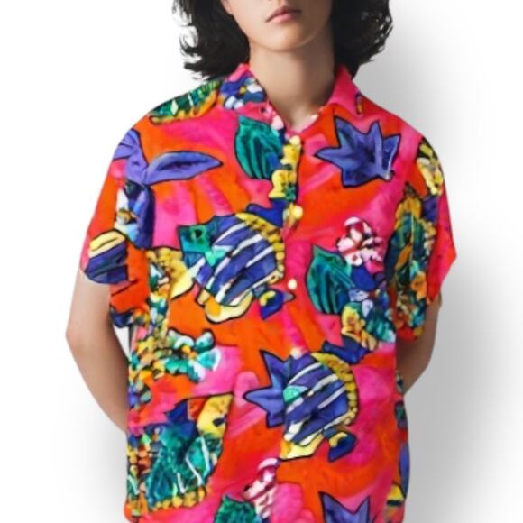 Vintage 90s Hilo Hattie Hawaiian Shirt Bright Tropical Fish Print Short Sleeve - Picture 2 of 11